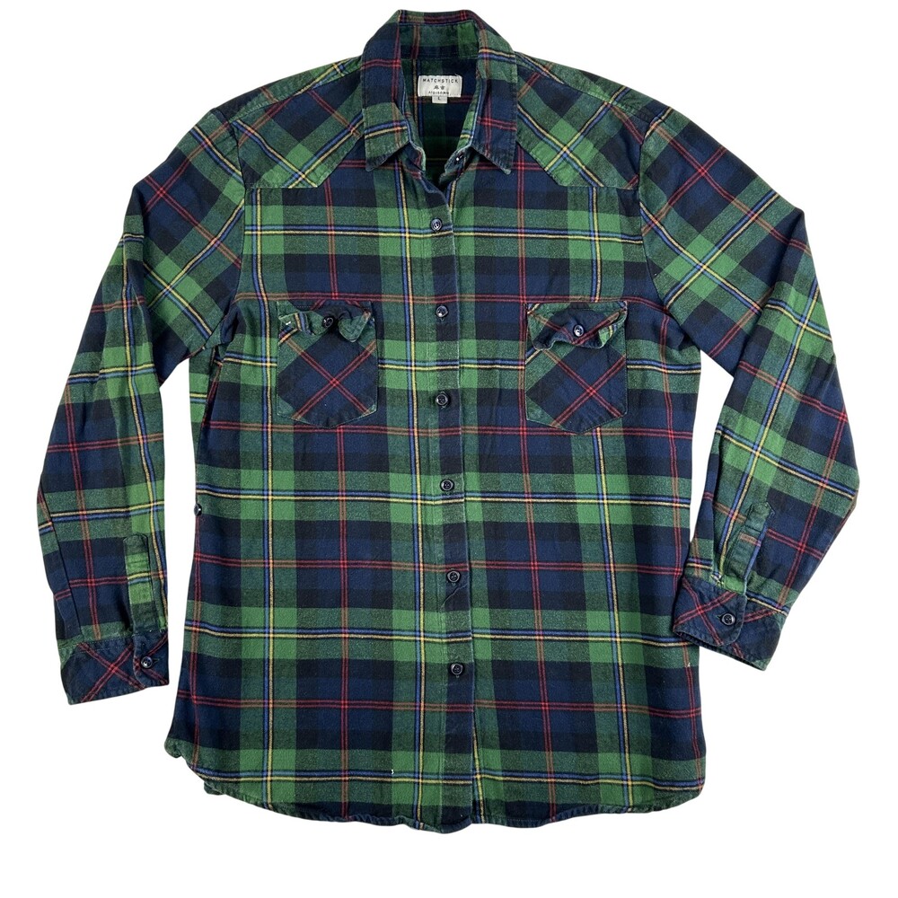 Matchstick Shirt Womens Large Green Navy Plaid Flannel Button Front Long Sleeve